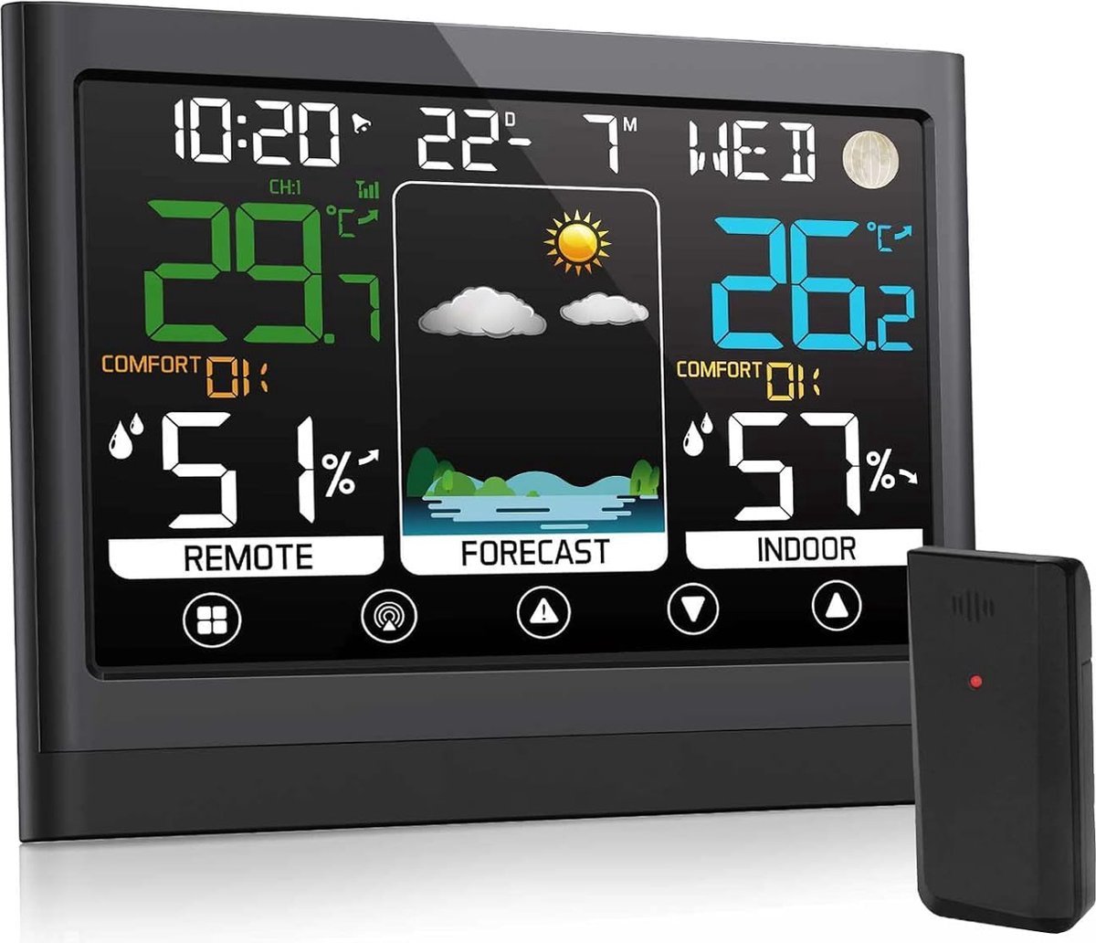 ShopHaven Nauwkeurig Weerstation met Buitensensor Groot Kleurendisplay Realtime Weersvoorspelling en Luchtvochtigheidsmeting Weerstation voor Thuisgebruik Weermonitor met Buiten Temperatuursensor