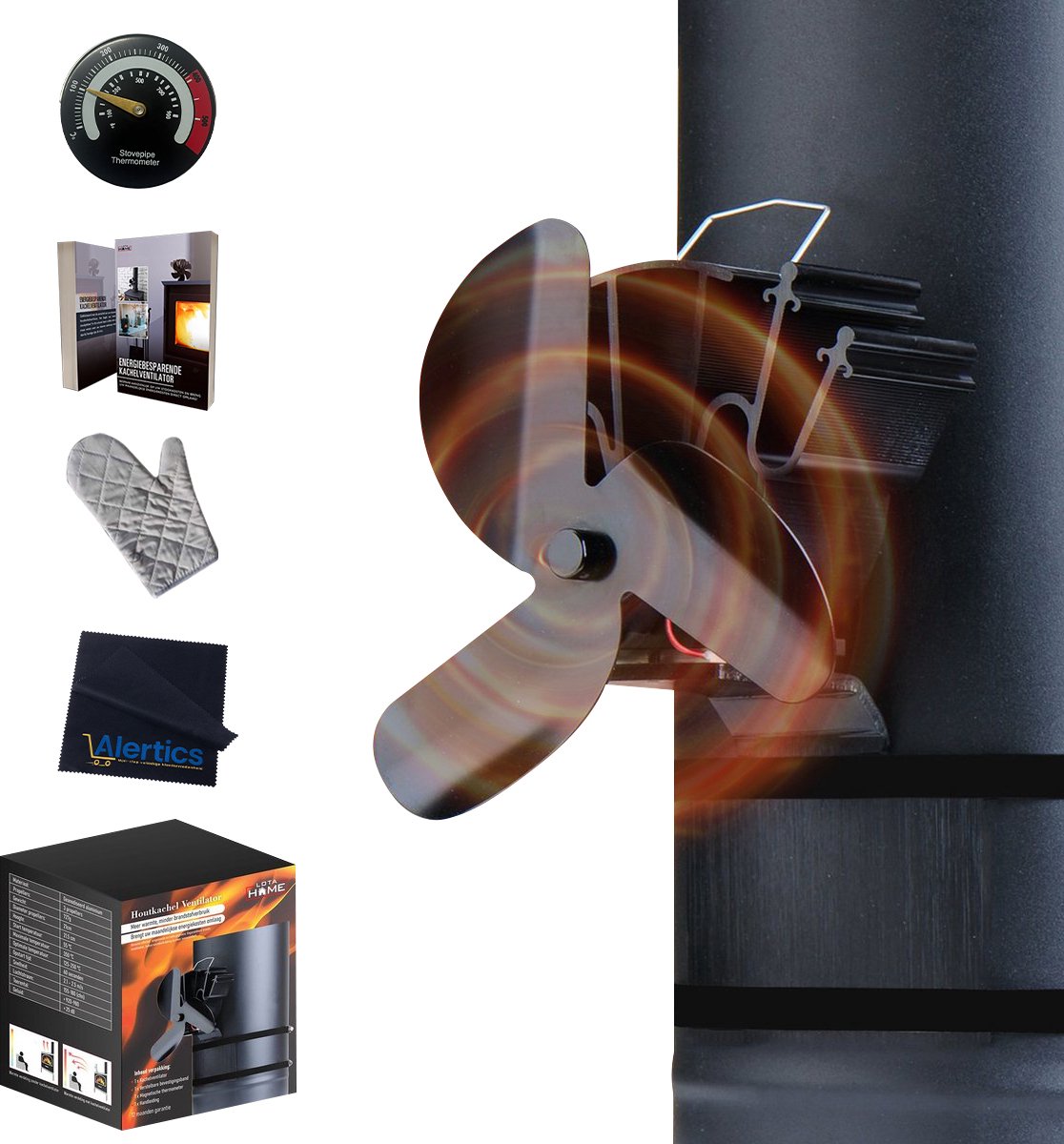 LotaHome - Kachelventilator - Hangend - Haardventilator - Ecofan - Efficiënt - Inclusief Thermometer, Handschoen, Bevestigingsmateriaal, Stofdoekje en Informatieboek - Houtkachelventilator - Duurzaam en Milieubewust - Houtkachel Warmte Verspreider