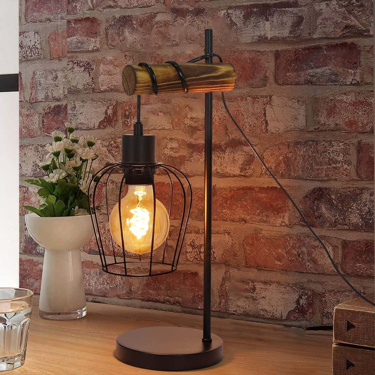 Stellar Retro Tafellamp - Vintage Bedlamp - Industrieel Design - Metaal & Hout - Zwart - Inclusief Schakelaar - E27 Fitting