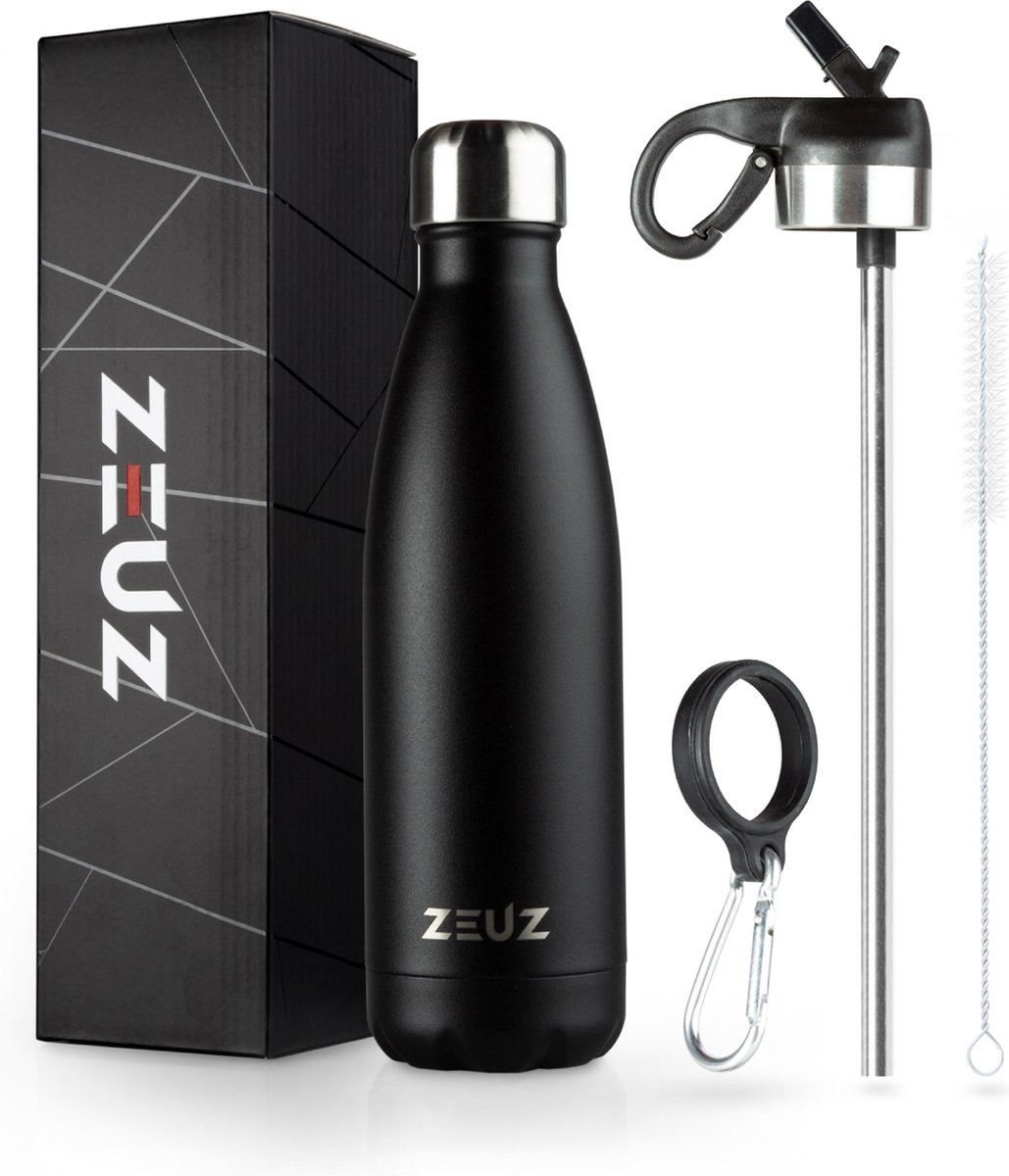 ZEUZ Premium RVS Thermosfles & Drinkfles - Isoleerfles – Waterfles met Rietje - BPA Vrij – 500 ml - Mat Zwart