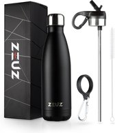 ZEUZ Premium RVS Thermosfles & Drinkfles - Isoleerfles – Waterfles met Rietje - BPA Vrij – 500 ml - Mat Zwart