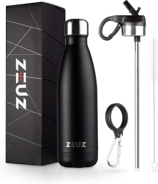 ZEUZ Premium RVS Thermosfles & Drinkfles - Isoleerfles – Waterfles met Rietje - BPA Vrij – 500 ml - Mat Zwart