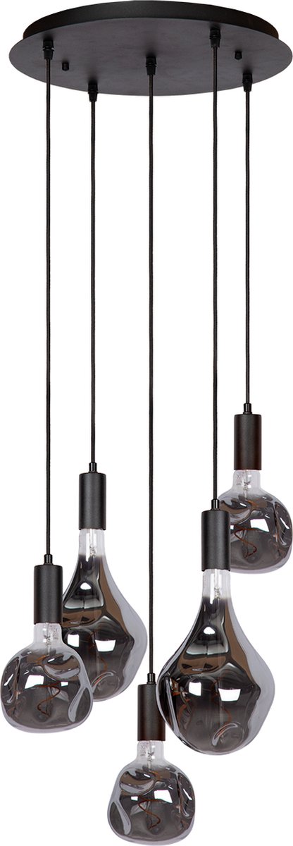 Atmooz - Hanglamp Sapa 5 - Zwart - Inclusief 3 Organic Neo & 2 Organic Evo Lichtbronnen - 5 x E27 - Ø 40 cm Plafondplaat - Dimbaar - Moderne Eyecatcher