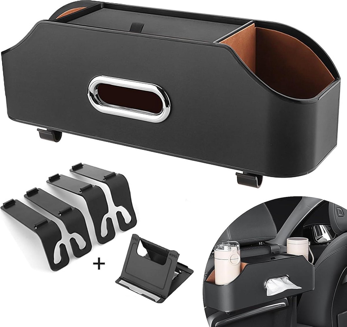 Image of Achterbank Hoofdsteun Organizer met Bekerhouder en Tissuedoos - Auto Reisaccessoires voor Kinderen en Volwassenen - Zwart