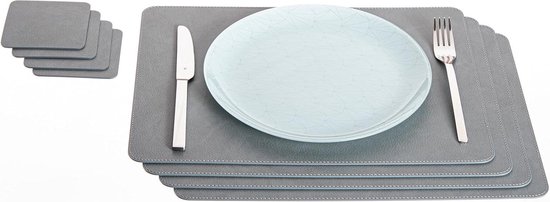 thumbnail: Nikalaz Ronde Placemats & Onderzetters Gerecycled Leer Set - Petroleumgroen 4+4 Stuks