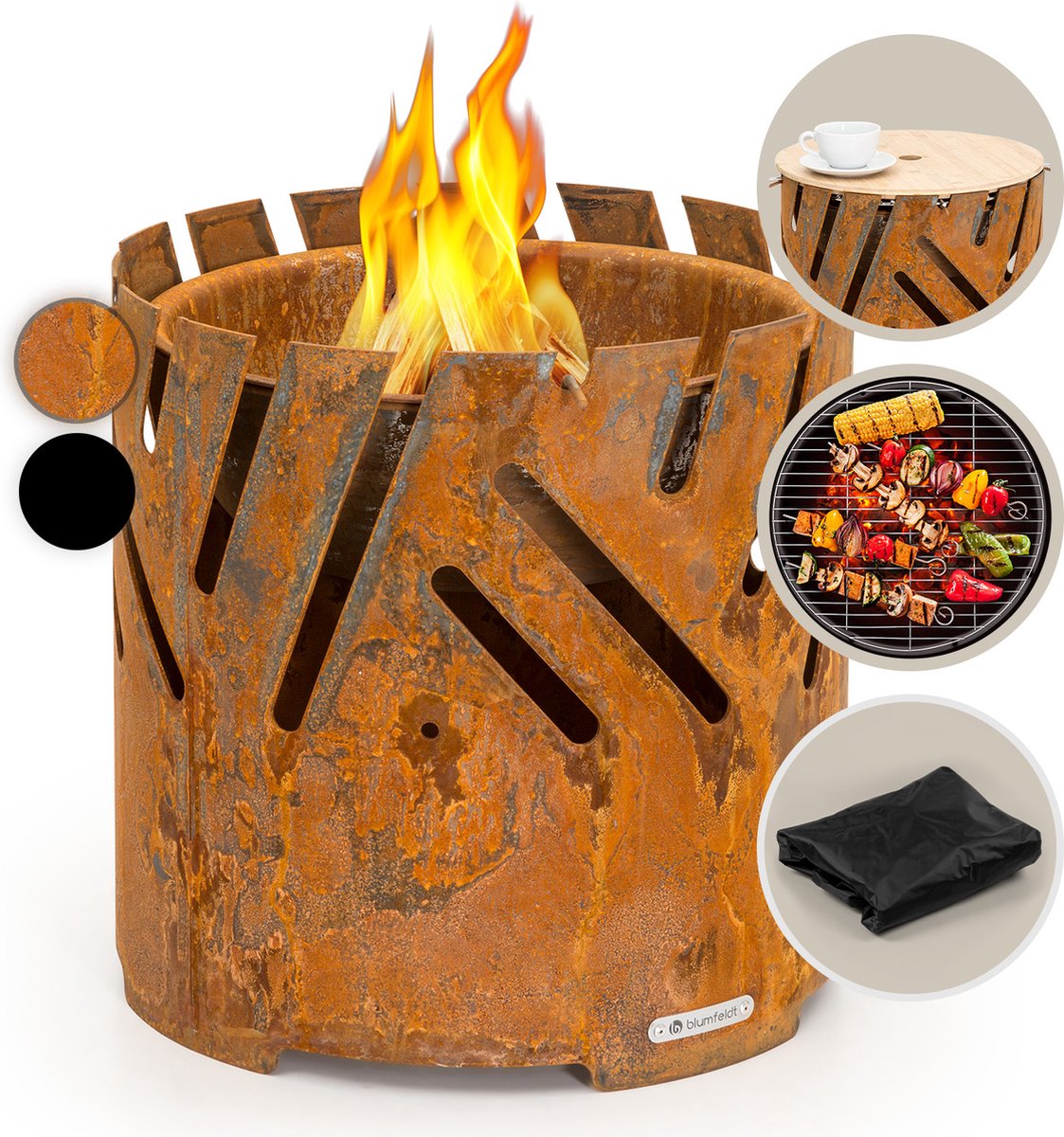 Blumfeldt Crown 3-in-1 Vuurschaal Ø 46 cm Weerbestendig met grillrooster & vonkenscherm Voor terras & tuin Met grillring & voet 55 cm hoog Roestkleur