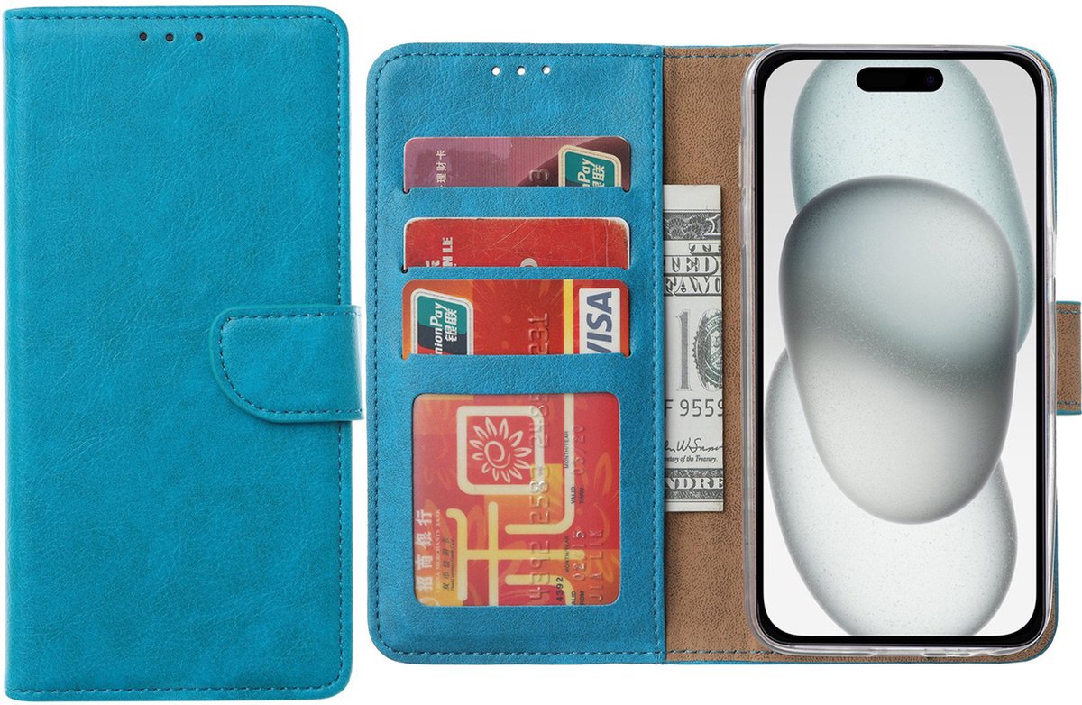 Hoesje Geschikt voor iPhone 15 – Arara bookcase met pasjeshouder- Blauw