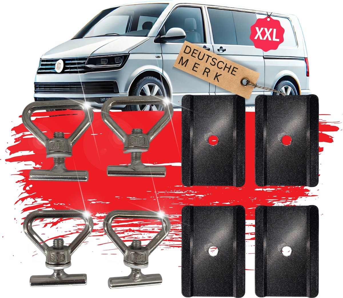 TronicXL Ladingszekering 4 sjorogen en 4 platen geschikt voor VW, Bulli, Bus, T5, T6, T6.1, Multivan, Transporter en meer – lading zekerings schroeven – Bevestigings Set – Camping – Multiflexboard - geleiderail