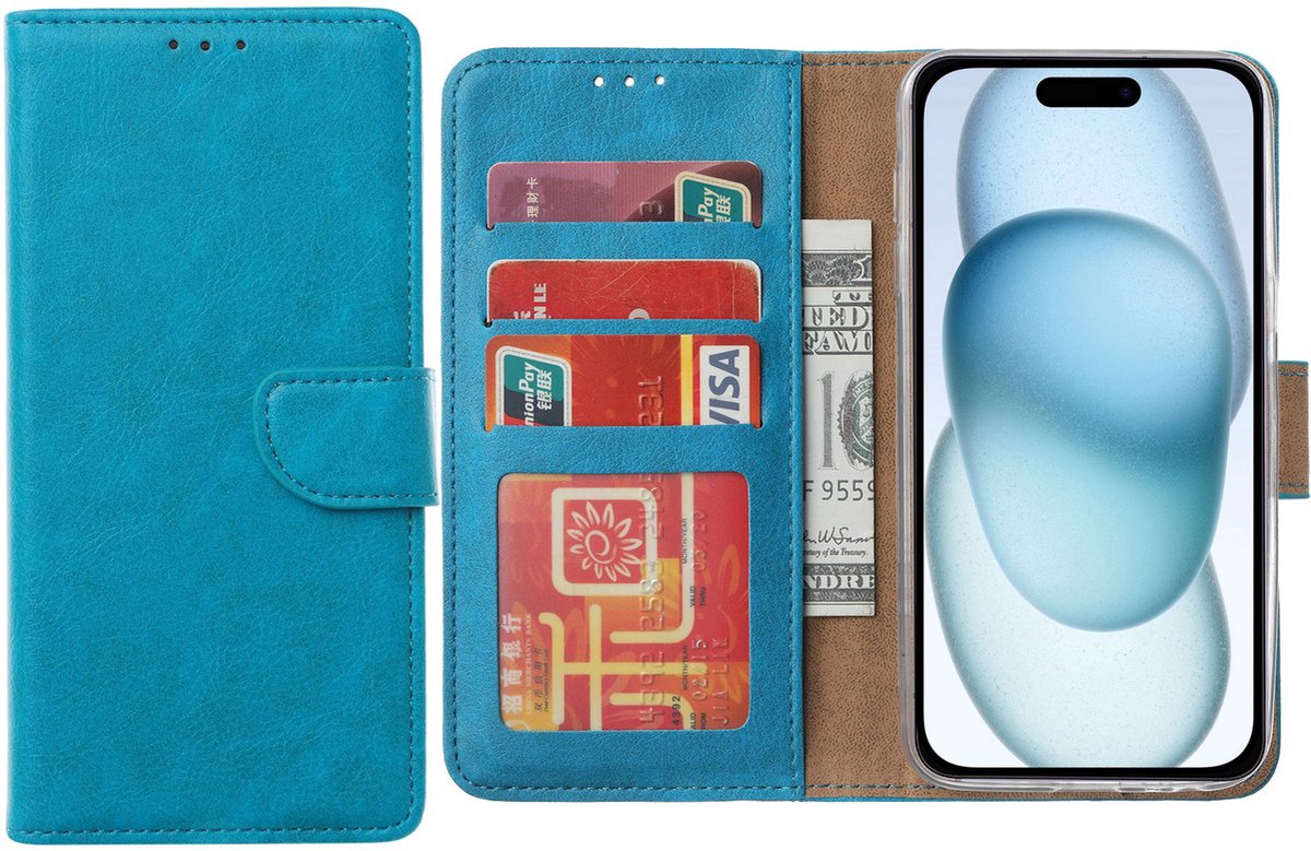 Hoesje Geschikt voor iPhone 15 Plus – Arara bookcase met pasjeshouder- Blauw