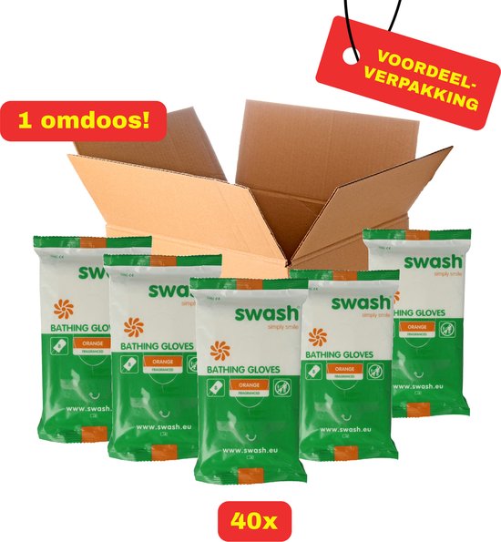 Open kartonnen doos met zes verpakkingen Swash geurende badhanden, met tekst '1 omdoos!' en 'Voordeelverpakking'.