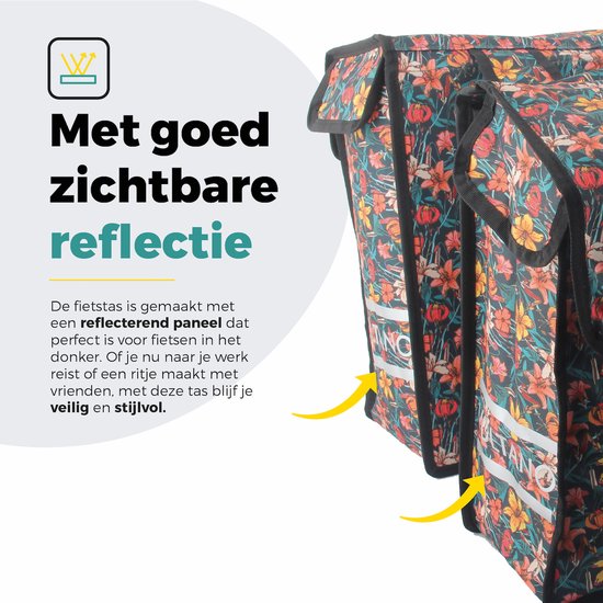 Voltano Dubbele Fietstas Floral Fiesta - Zwart Met Kleurrijke Bloemen - 38 Liter - 100% Waterdicht Polyester - Vrolijke Fietstassen
