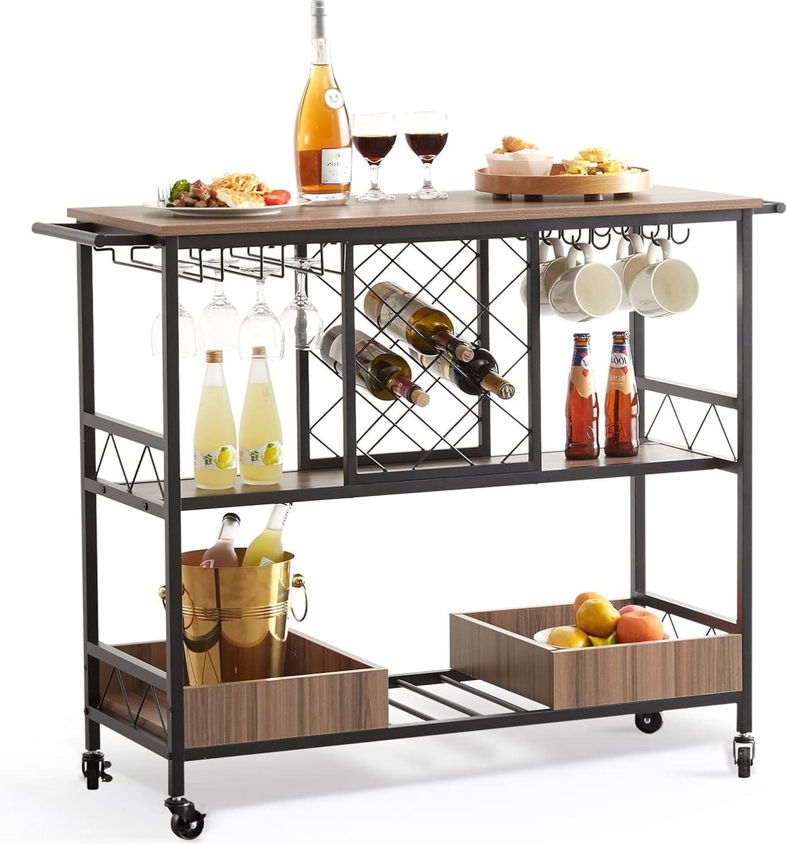 Serveerwagen vintage 3-laags keukenwagen rollende trolley 117 x 40 x 91 5 cm bar trolley 136 kg MDF board + staal haken & wijnrekken