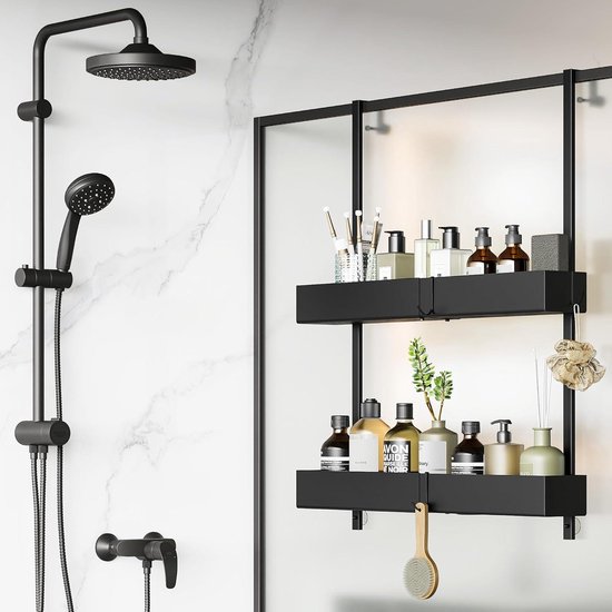 SWTYMIKI Doucheplank om op te hangen, hangend doucherek om op te hangen voor douche, douchemand, doucheplank, hangmand, badkamer met 2 douchemandjes en 2 zeepplanken, shampoohouder voor douche met 14