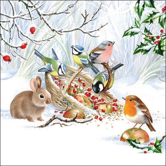 Foto: 20x stuks kerst thema servetten 33 x 33 cm winter konijn en vogels feestservetten wegwerpservetten