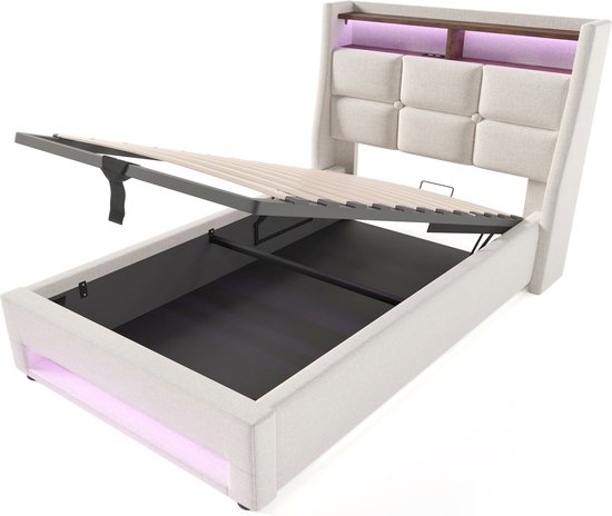 Lit Hydraulique, Lit Rembourré, 90×200cm, Lit Coffre Avec Chargement USB Type C, Contrôle APP