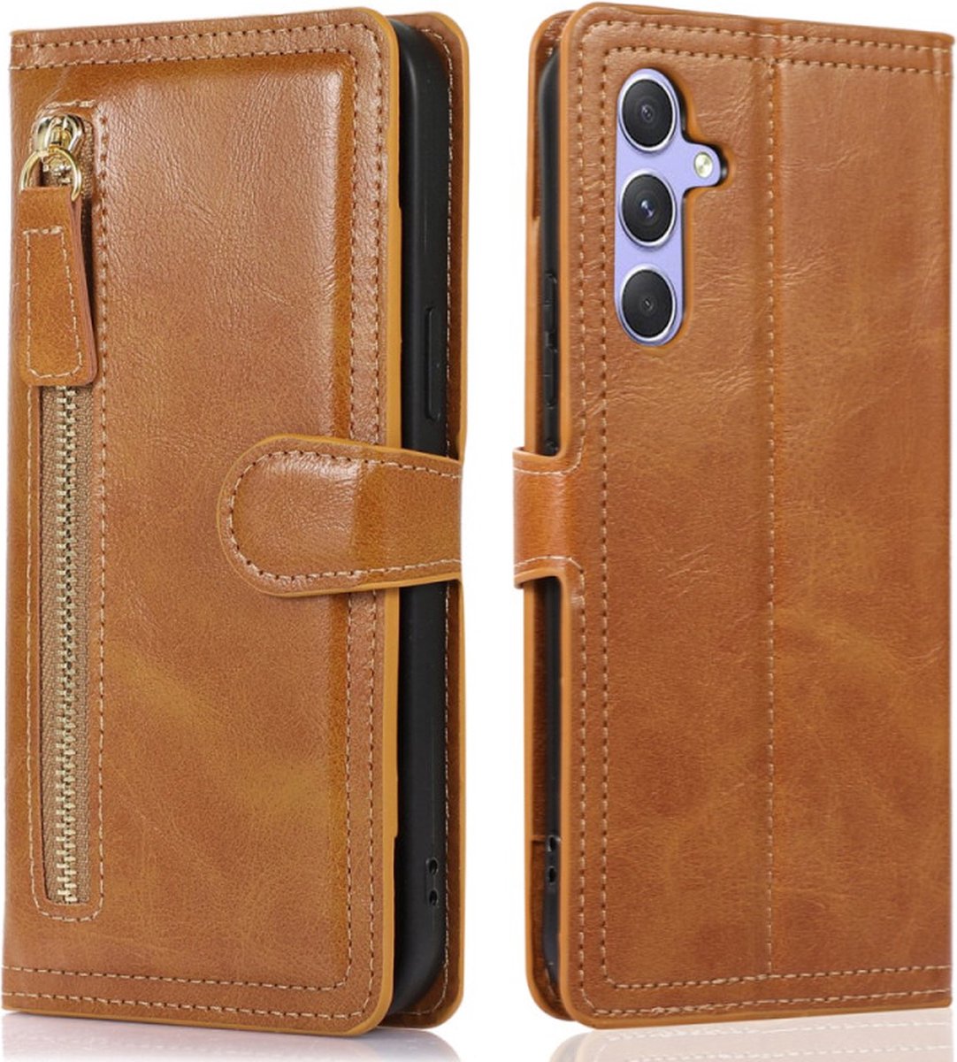 Bookcase Geschikt voor: Samsung Galaxy A05s met ritssluiting - Hoesje Flipcover - Magnetisch - 5 kaarten houder - Lichtbruin