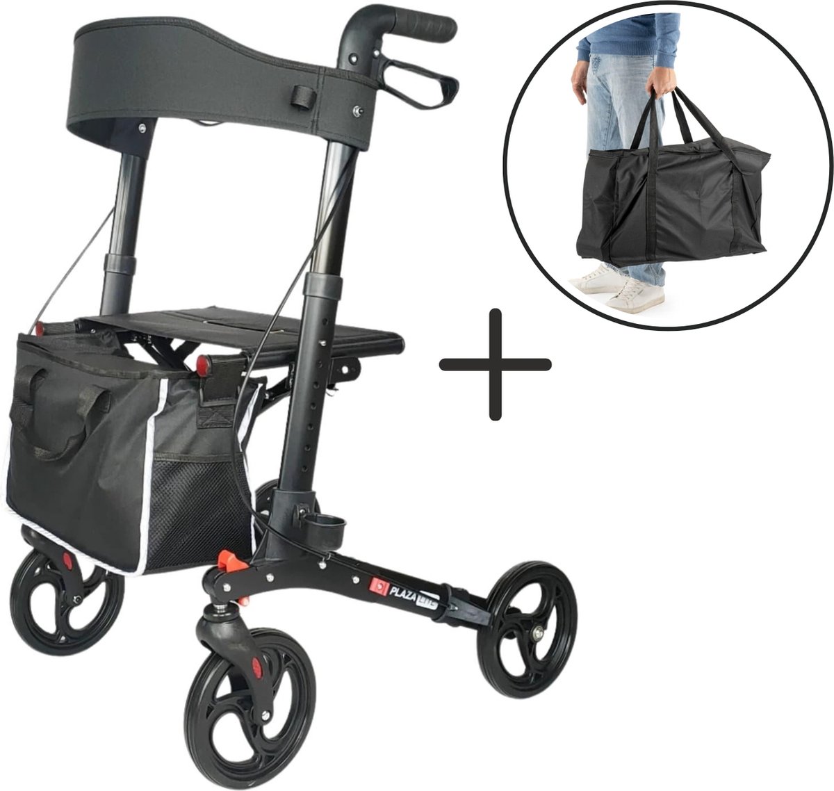 Rollator Plaza Lite - Lichtgewicht - Drie dubbel opvouwbaar - Anti-lek banden Soft Banden - Past in elke auto - Weegt 6,9 kg - Zwart - Inclusief boodschappentas, stokhouder en rugsteun- Inclusief transporttas