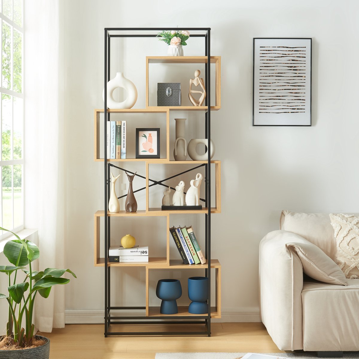 en.casa Boekenkast Rennebu open kast 194x80x33 cm zwart en eikenkleurig [en.casa]