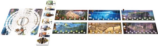 Bordspel componenten: spelbord, speelkaarten, tokens.