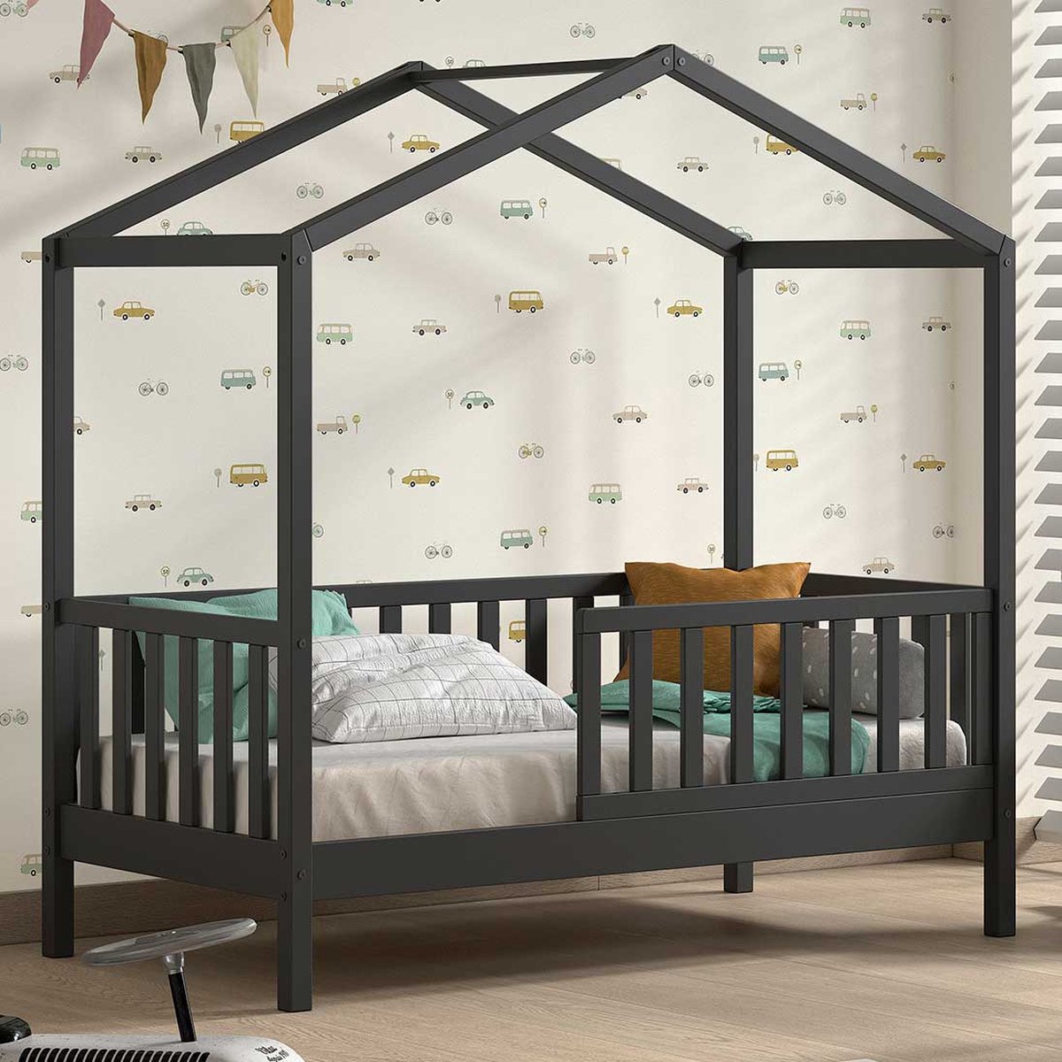 Vipack Kinderbed Dallas - 70x140 Cm - Antraciet/massief Grenen - Vipack - Huisbed - Antraciet - Hout Eenpersoons Normaal Bed