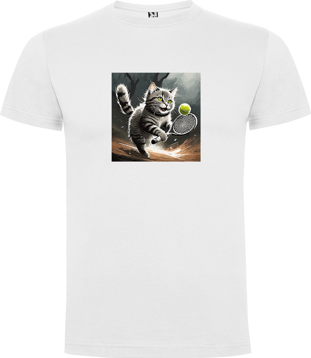 Wit T-Shirt met “ Kleurrijke Poes met tennisracket “ Print Full Color Maat 2XL