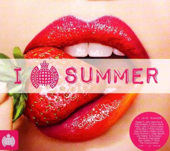 Lippen met rode glans en een aardbei, met tekst 'I Ministry Of Sound SUMMER'.