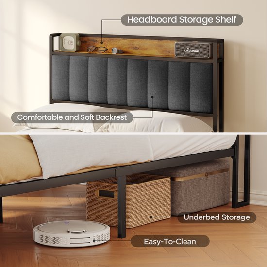 Bealife BF26 Cadre de lit - 200 x 140 cm - avec tête de lit à rangement - Gris clair