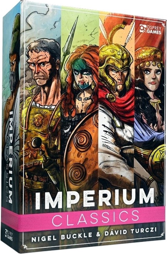 Doos van het bordspel 'Imperium Classics' met illustratie van vier historische figuren. Osprey Games.