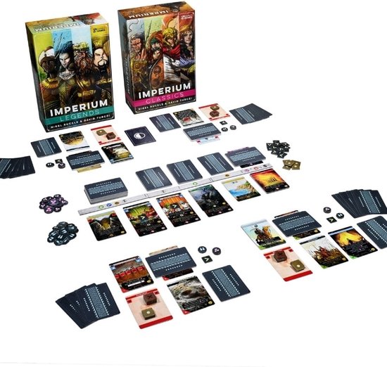 Twee bordspellen ('Imperium Legends' en 'Imperium Classics') met kaarten en fiches op een witte achtergrond.