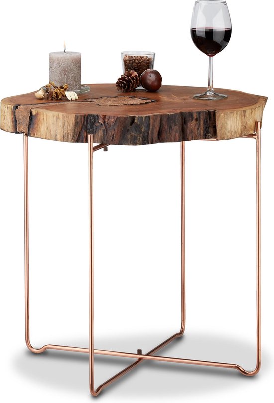 relaxdays bijzettafel acaciahout - massieve houten salontafel rond -  boomstamtafel metaal | bol.com