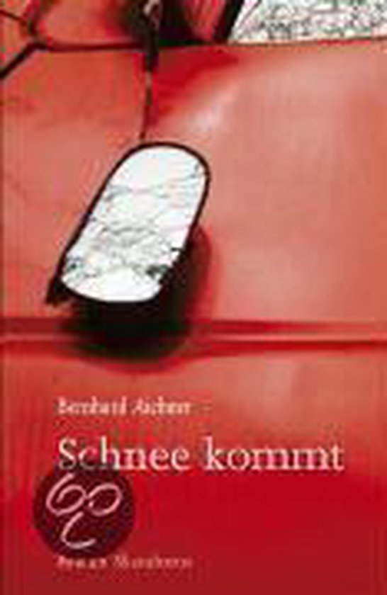 Boek 'Schnee kommt' met rode achtergrond en een witte ovale vorm met reflecties.