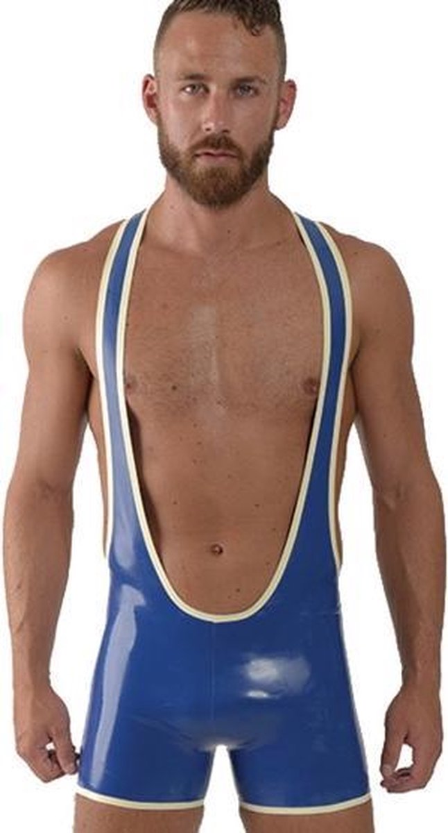 Mister b rubber wrestling suit blue white trim xl