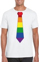 Wit t-shirt met regenboog stropdas heren  - LGBT/ Gay pride shirts L