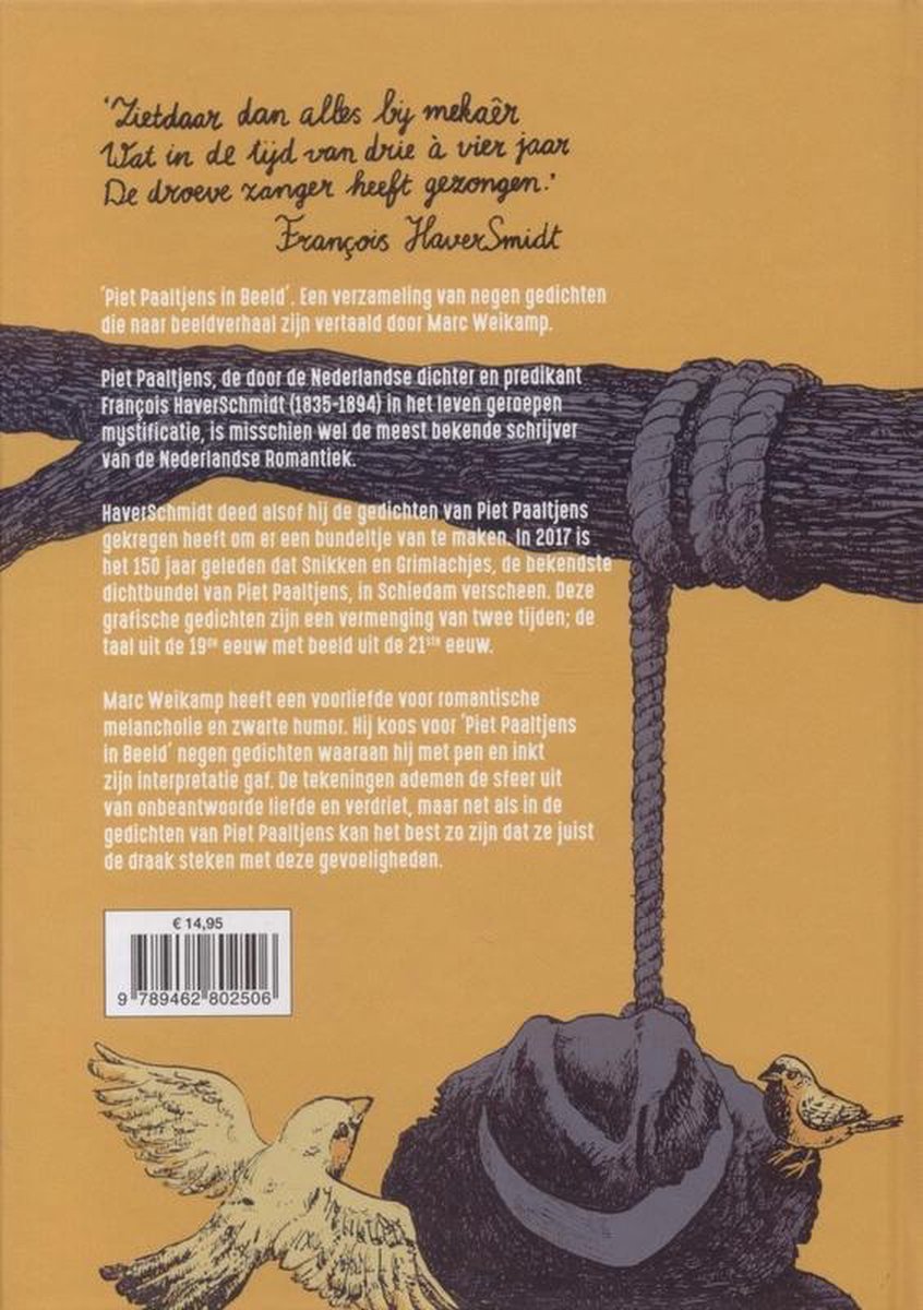 Achterkant boek met tekst over Piet Paaltjens, gedichten, en illustraties van Marc Weikamp. Prijs €14,95.