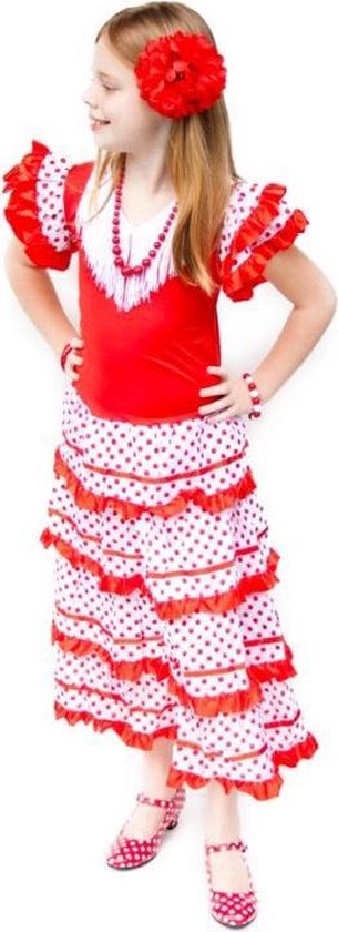 Spaanse kleed - Flamenco - Rood/Wit - Maat 140/146 (12) - Verkleed kleed