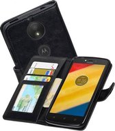 Motorola Moto C Plus Portemonnee Hoesje Booktype Wallet Case Zwart + Gratis CSC Touwtjes voor Telefoon Hoesjes, Fluitje of Badge Zwart