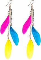 Fako Bijoux® - Oorbellen - Veren - Fuchsia/Blauw/Geel