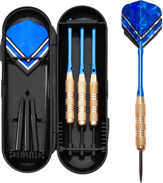 Afbeelding van het spel #DoYourDart - 3x Steeldarts   - VictoryBlue - incl. case + 6 extra flights. Aluminium Shafts, PET flights, koperen barrel - Gewicht darts: 17.5g - goudkleurig