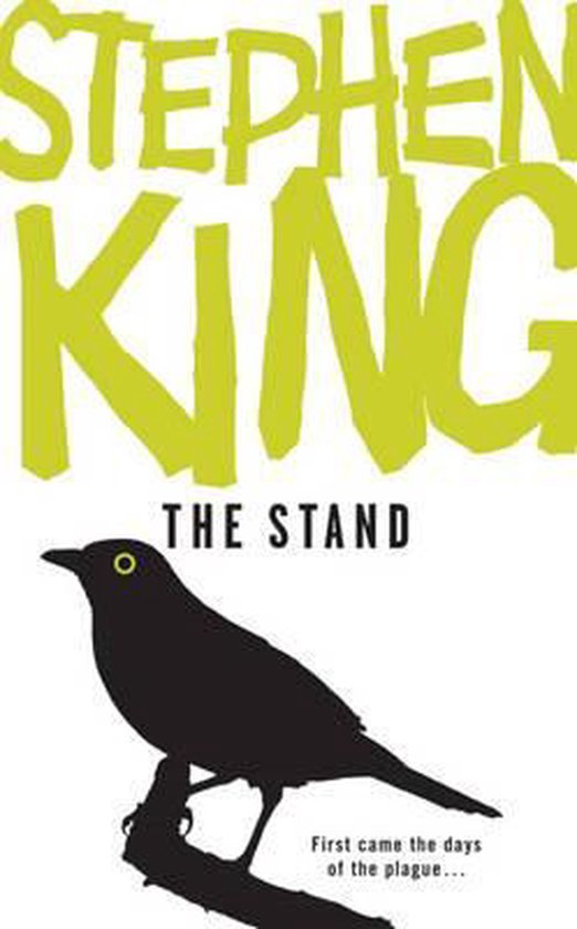 Boek 'The Stand' van Stephen King met een silhouet van een zwarte vogel op een tak. De vogel heeft een groen oog.