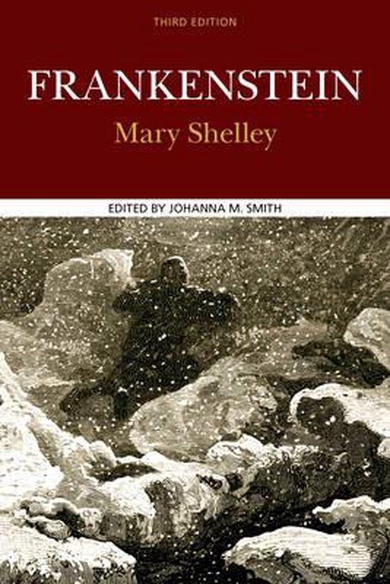 Boekomslag Frankenstein door Mary Shelley, derde editie, met een winterse afbeelding van een figuur in de sneeuw.