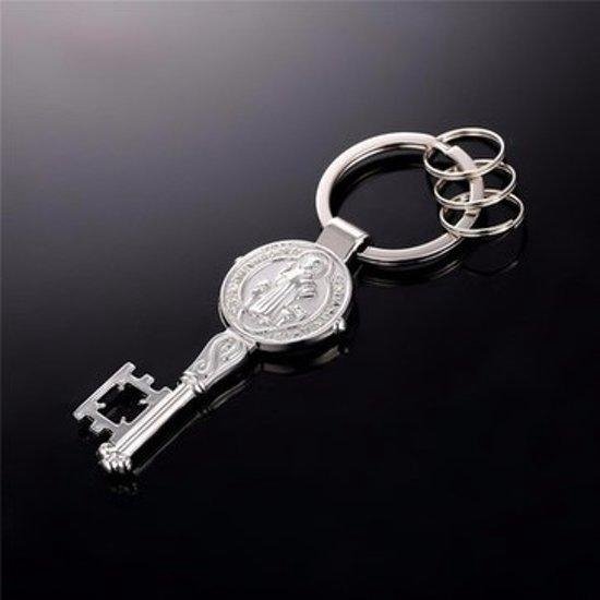 Sint Benedictus Medaille Sleutelhanger verzilverd Handbeschilderde - Diameter 3 cm