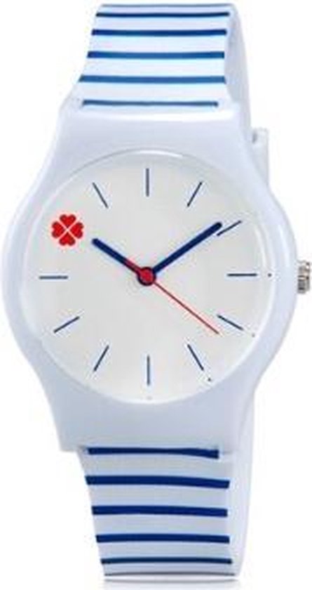 bol.com Siliconen meisjes horloges - klavertje 4 - wit-blauw gestreept 35 mm - I-deLuxe...