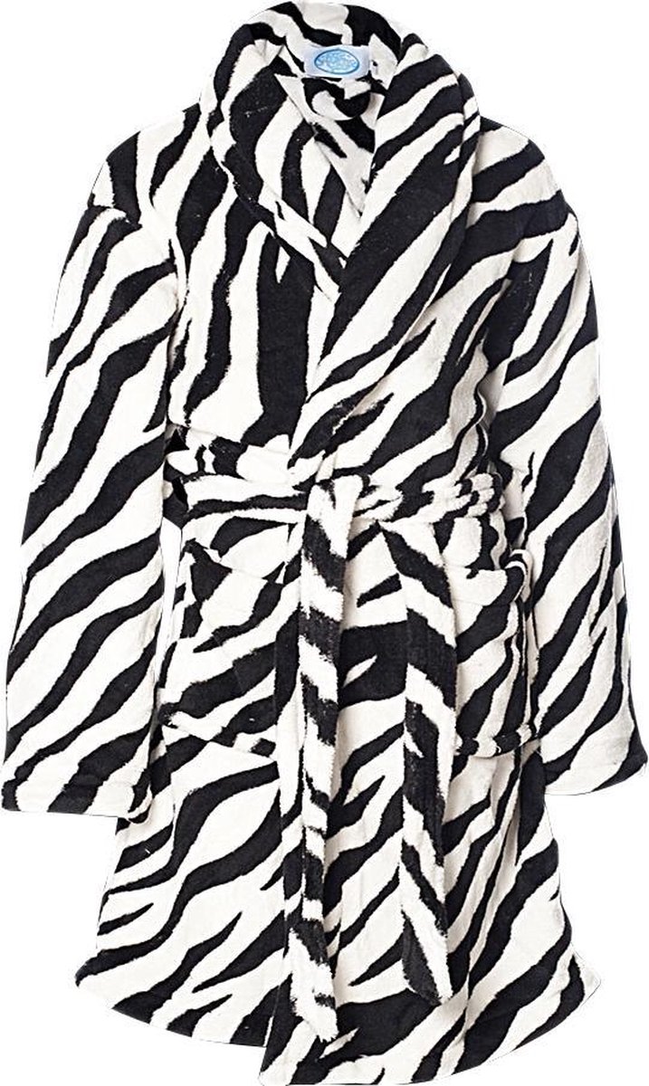 Kinderbadjas zebra print – 100% flanel fleece – badjas kind zwart/wit – Badrock kindermodel – fleecebadjas kind maat S(5-6jaar) - 110/116