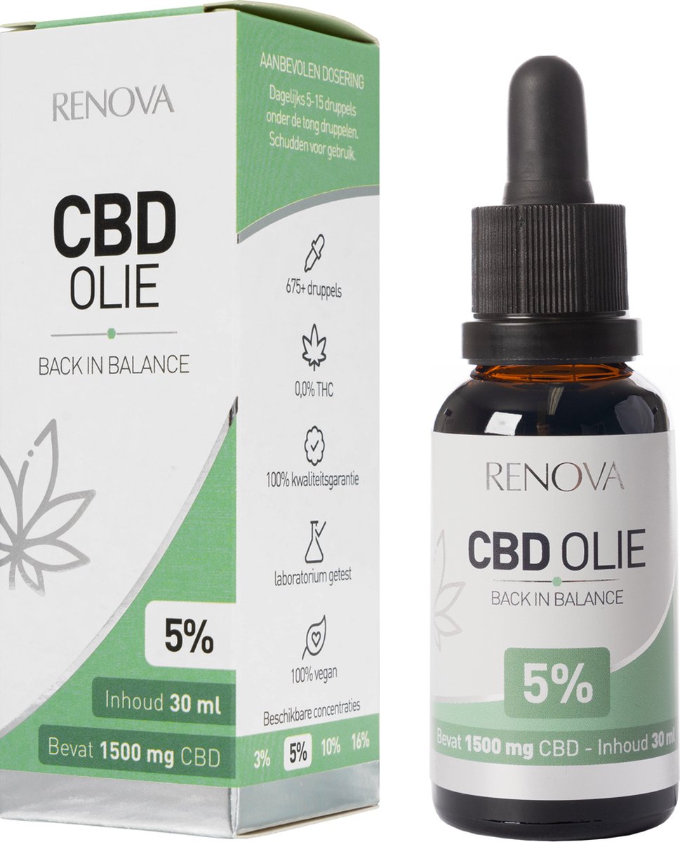 Renova CBD olie 5% 30ml - 1500mg CBD - 225 druppels - cannabidiol - cbd oil - wietolie - hennepolie - cannabis olie - 0,0% THC olie