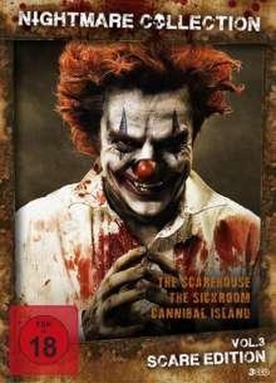 Een enge clown met rood haar, witte schmink, een rode neus en bloedvlekken op zijn kleding. 'Nightmare Collection Vol. 3 Scare Edition'.