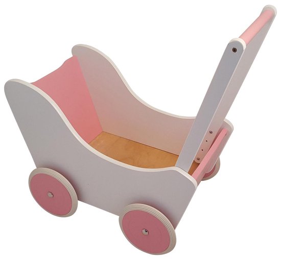 top inleveren Parel Playwood - Houten Poppenwagen wit met roze- inclusief dekje roze ruitjes |  bol.com