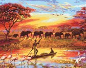 Schilderen op nummer Volwassenen Volwassenen - olifanten flamingo's giraffe en bootje in Afrika - 40 x 50 centimeter - Paint by numbers - Verven - Volwassenen