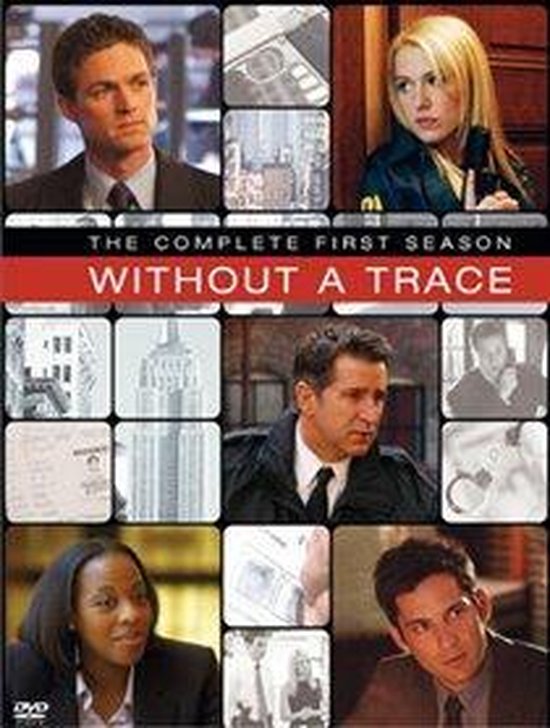 DVD-hoes van 'Without a Trace - The Complete First Season' met negen kleine afbeeldingen van de cast en locaties.