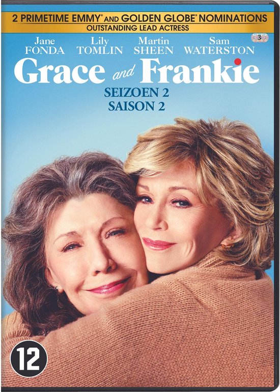 DVD-hoes met Jane Fonda en Lily Tomlin die elkaar knuffelen, getiteld 'Grace and Frankie - Seizoen 2'.