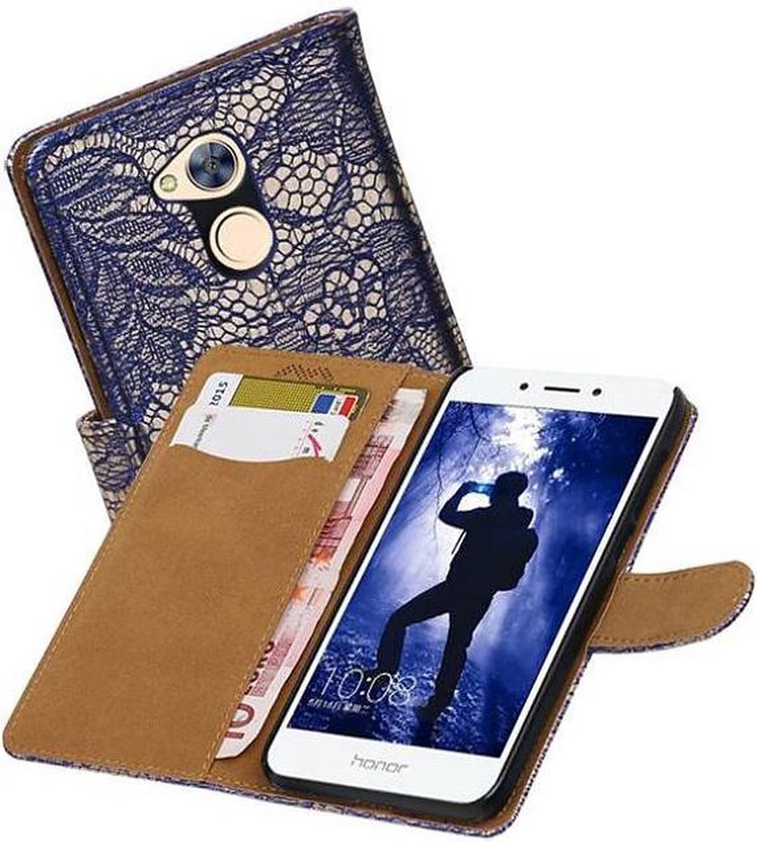 Lace Bookstyle Wallet Case Hoesjes Geschikt voor Huawei Honor 6A Blauw